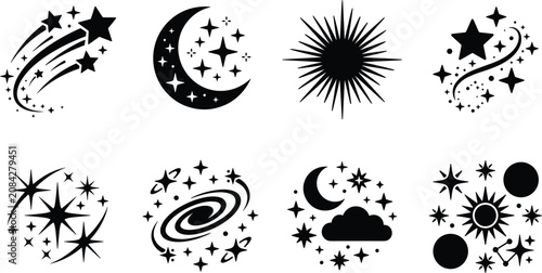 Celestial Space Silhouette Vector Set with Stars Moon Galaxy and Cosmic Elements
