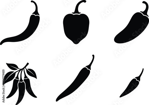 Chili Pepper Silhouette Icon Set with Spicy Vegetable and Plant Elements