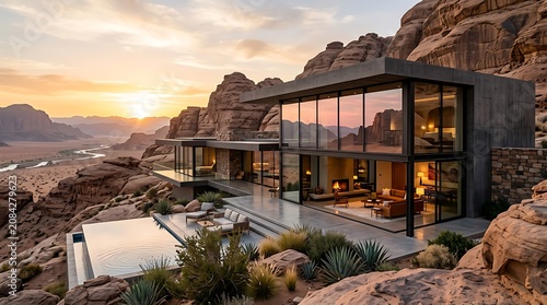 Traditional stone house with warm sunset lighting in rural village.