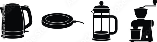 Kitchen Appliance Silhouette Vector Set with Coffee Maker Kettle French Press and Grinder