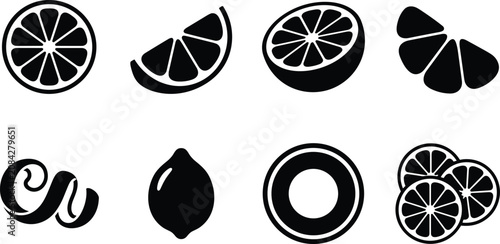Lemon Citrus Fruit Silhouette Icon Set with Slices and Wedges Vector Collection