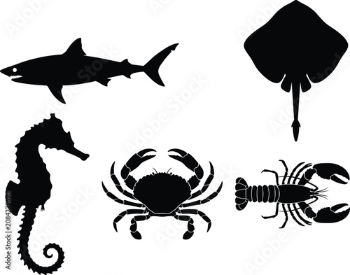Marine Animal Silhouette Vector Set with Shark Stingray Seahorse Crab and Lobster