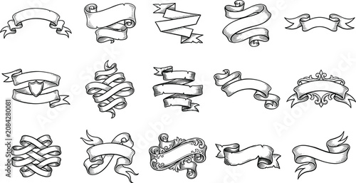 Fotografi Vintage Ribbon Banner Hand Drawn Sketch Set featuring Blank Scrolls Flags Herald