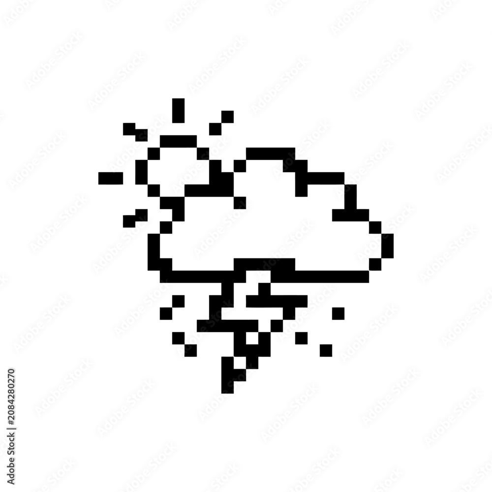 Fototapeta premium A simple pixel art icon showing a sun, a cloud and a lightning bolt