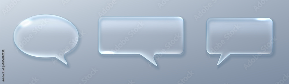 Fototapeta premium Modern glass morphism speech bubble collection with liquid transparency effects. Realistic 3D icons isolated on light background.