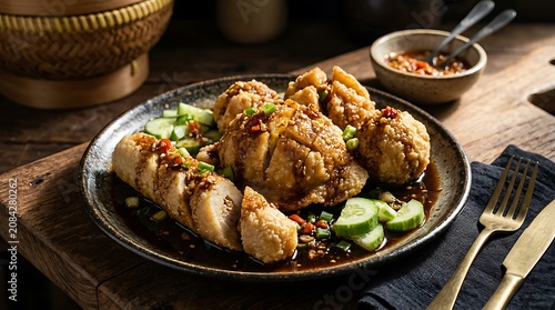 Golden brown fried chicken pieces served with dipping sauce.
