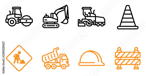 Set of construction vehicle and equipment icons including excavator road roller dump truck and safety gear Minimal stroke icon set bundle collection. Editable Vector Illustration Mega pack
