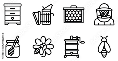 Set of simple black line icons about beekeeping honey production and bees for apiary and farming design Minimal stroke icon set bundle collection. Editable Vector Illustration Mega pack
