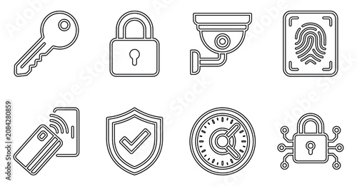 Set of eight security and protection icons including key lock camera fingerprint shield and digital safe Minimal stroke icon set bundle collection. Editable Vector Illustration Mega pack