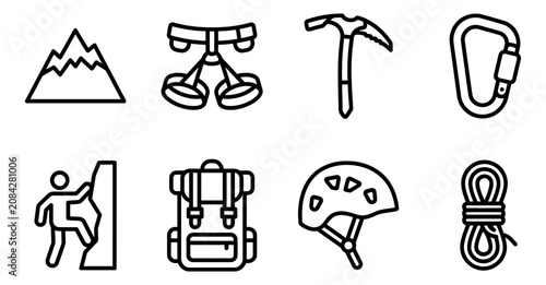 Set of mountain climbing and hiking equipment icons featuring gear for outdoor adventure and exploration Minimal stroke icon set bundle collection. Editable Vector Illustration Mega pack
