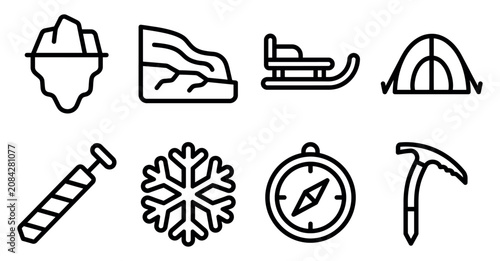 Set of winter and adventure icons with iceberg tent compass and snowflake symbols in a simple line style Minimal stroke icon set bundle collection. Editable Vector Illustration Mega pack