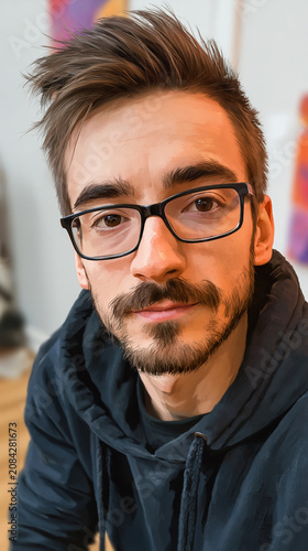 Young man with glasses and facial hair smiling in casual hoodie