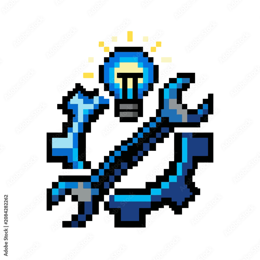 Fototapeta premium A pixel art illustration featuring a glowing light bulb, a metal wrench and a mechanical gear