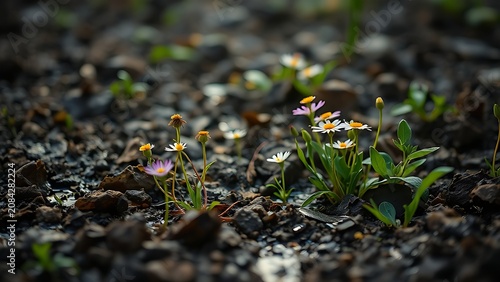 Wildflowers growing through muddy ground after rain, resilient nature, dramatic light.