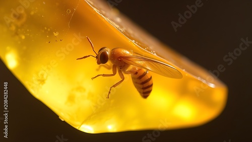 A small insect encased in clear golden amber, natural light highlighting details.