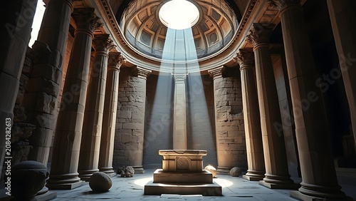 Inside the ruins of a Roman temple, a beam of light illuminates a central stone altar.