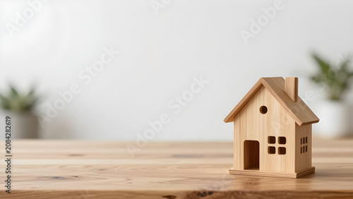 Modern wooden house model staged on a natural timber tabletop with soft focus and ample negative space for real estate marketing