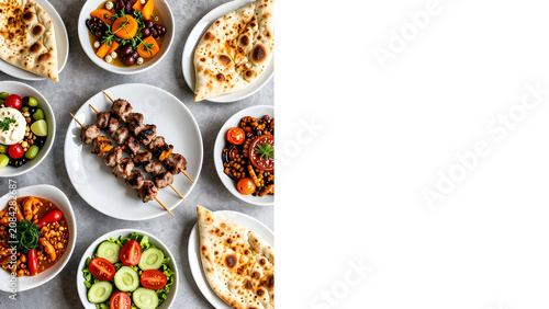 Deliciously arranged Turkish meze platter with grilled kebabs, fresh salads, flatbreads, and colorful side dishes, awaiting brand integration.