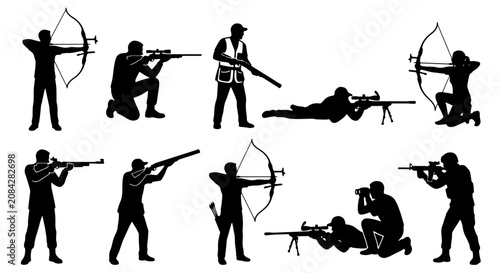 Silhouette Vector Icons of Archers and Riflemen, Hunting and Sport Shooting Poses, Action Figures for Outdoor Activities and Competitions