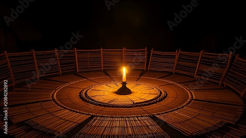A quiet South Pacific village evening with empty woven mats under an oil lamp.
