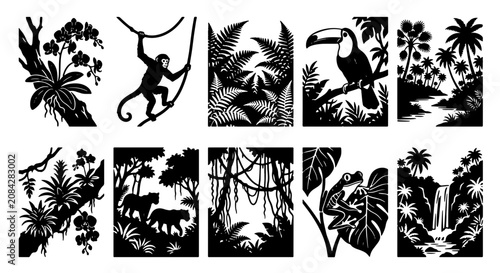 Photography Jungle Silhouettes Vector Collection: Tropical Rainforest Scenes, Exotic Wildlif
