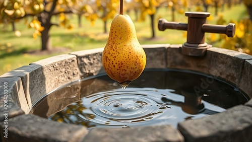 A ripe pear falling into a stone pressing trough filled with clear liquid in an orchard.