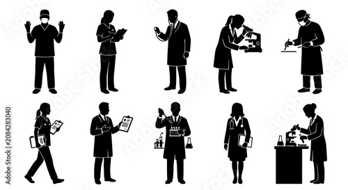Medical Professionals Silhouette Icons, Scientists and Doctors Vector Set, Healthcare Research and Laboratory Work Collection, Clinical Staff Figures