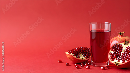Fresh Pomegranate Juice with Scattered Fruit Halves on Vibrant Red Background