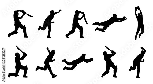Canvas Print Dynamic Cricket Player Silhouettes, Action Poses Set: Batting, Bowling, Fielding, Catching, Running