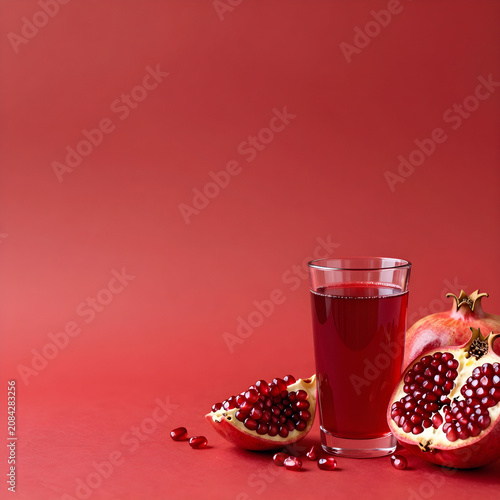 Fresh Pomegranate Juice with Scattered Fruit Halves on Vibrant Red Background