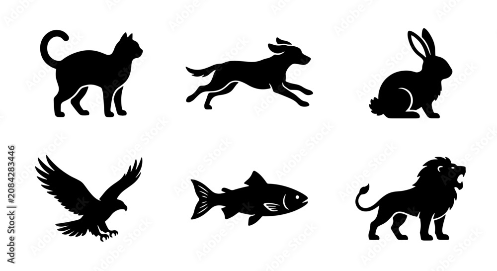 Obraz premium Silhouette Animal Icons Collection: Cat, Dog, Rabbit, Eagle, Fish, Lion Vector Graphics for Wildlife and Pet Themes