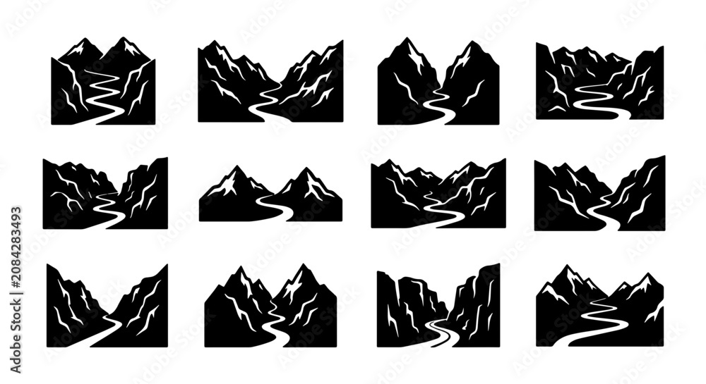 Fototapeta premium Black Mountain Range Vector Icons, Scenic Landscape Silhouettes, Winding River Valley Graphics, Nature Adventure Elements