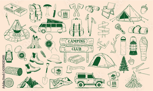 Hand drawn camping and outdoor adventure doodle icon set, tents, gear, bonfire, van, mountains, forest elements. line art illustration style, perfect for travel design, nature wilderness projects.