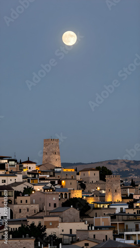 Ancient Stone City Illuminated Beneath a Brilliant Full Moon with Distant Rolling Hills
