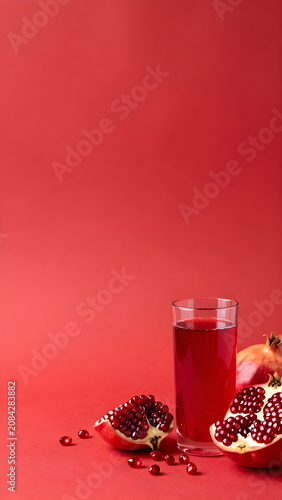 Fresh Pomegranate Juice and Fruit Halves on a Vibrant Red Background