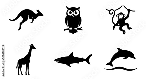 Photography Silhouette Animal Icons Set: Kangaroo, Owl, Monkey, Giraffe, Shark, Dolphin Vect