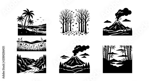 Cuadro en lienzo Diverse Nature Landscapes Vector Collection: Tropical Beach, Winter Forest, Volc