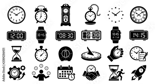Foto Diverse Clock and Timekeeping Icons Set: Analog, Digital, Alarm, Pocket Watches,