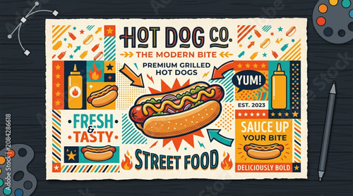 Hot Dog Co street food poster premium grilled hot dogs with condiments and retro design concept for fast food advertising