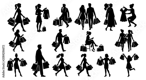 Photos Diverse Shopper Silhouettes, People with Shopping Bags and Clothing, Retail and