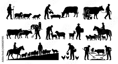 Schilderij op canvas Farm Life Silhouettes, Rural Agriculture Scenes, Livestock Herding, Countryside