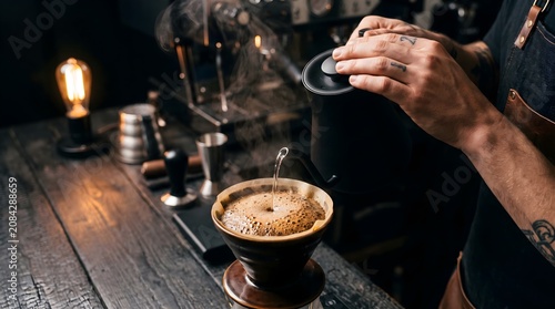 Barista hands pouring hot water from kettle for pour over drip coffee brewing in cafe