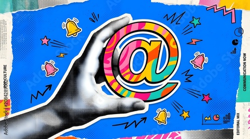 A hand holds a vibrant, colorful @ symbol against a dynamic blue background with various graphic elements.