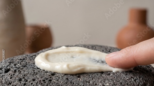Close up of finger smearing cosmetic cream texture on volcanic stone skincare concept
