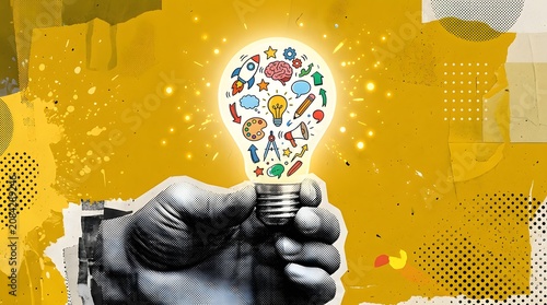 A hand holding a lightbulb filled with symbols representing various creative ideas and innovation. The background is a vibrant yellow with abstract shapes and textures