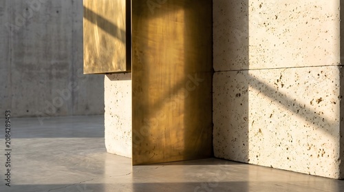 Minimalist architecture detail of brushed brass metal panel and textured travertine stone wall with sunlight shadow
