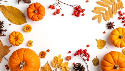 Autumn harvest arrangement with pumpkins, colorful fall leaves, berries, and pinecones, festive seasonal background for Thanksgiving or Halloween