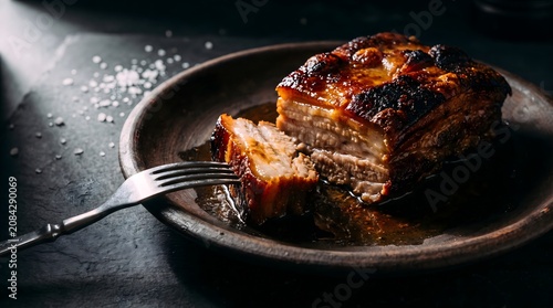 Sliced crispy roasted pork belly with fork on rustic plate dark moody food photography