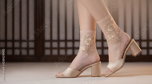 Close up of woman legs wearing elegant sheer embroidered floral lace socks and beige block heel sandals
