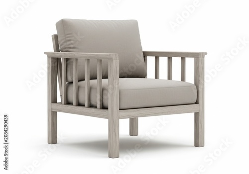 Modern wooden armchair with beige cushions isolated on white background